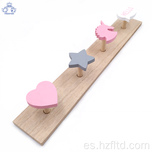 Perchero de pared de madera para niños con 4 perchas